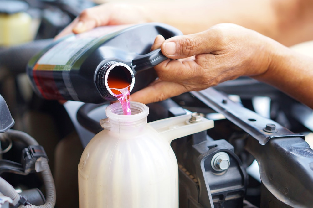 male hand filling car cooling system with coolant
