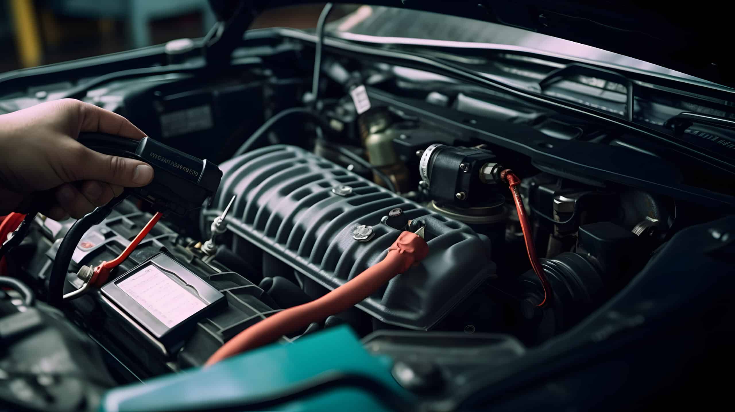 Person using a flashlight to inspect a vehicle engine compartment