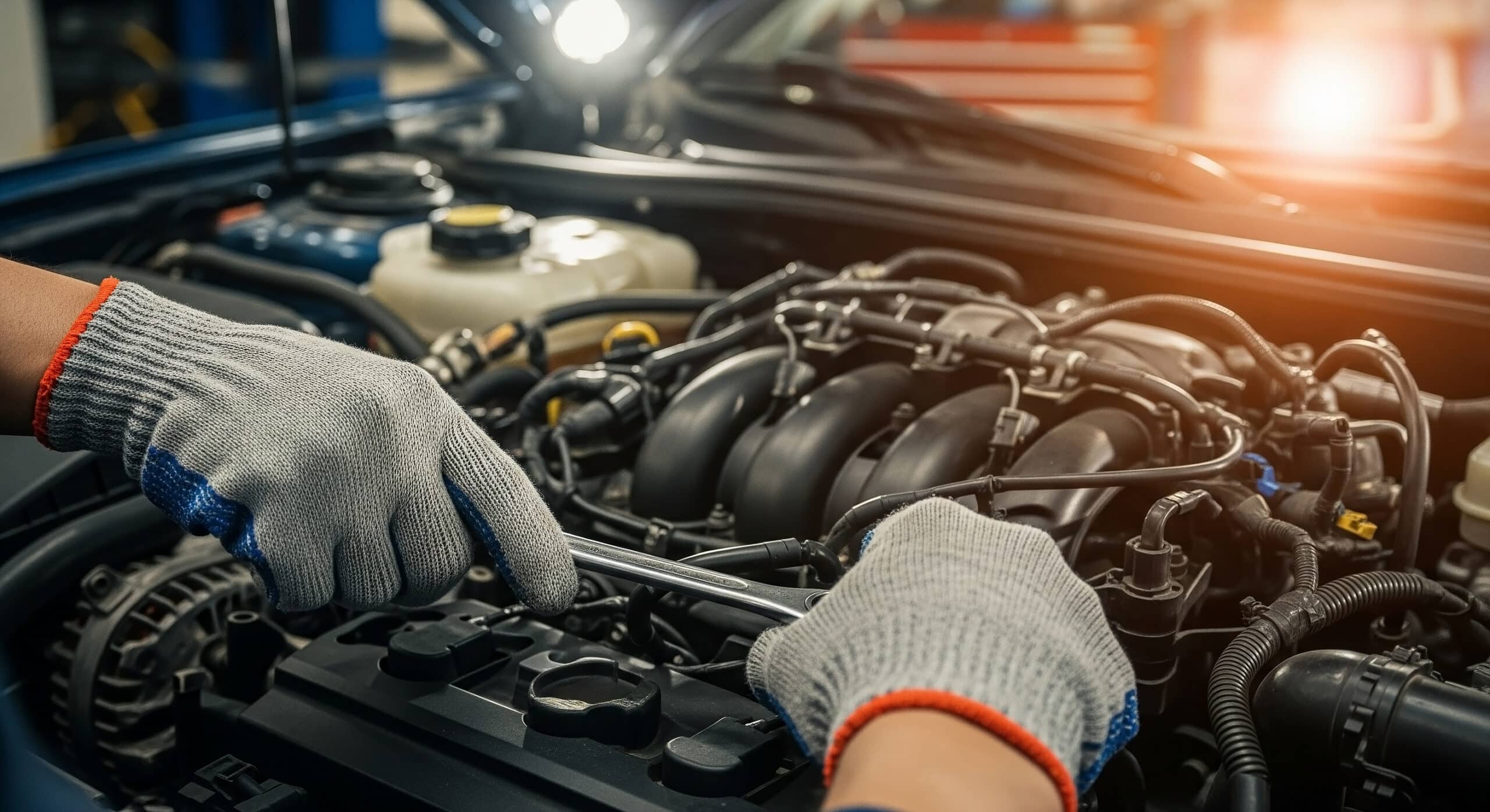 Gloved hands using a wrench during engine maintenance