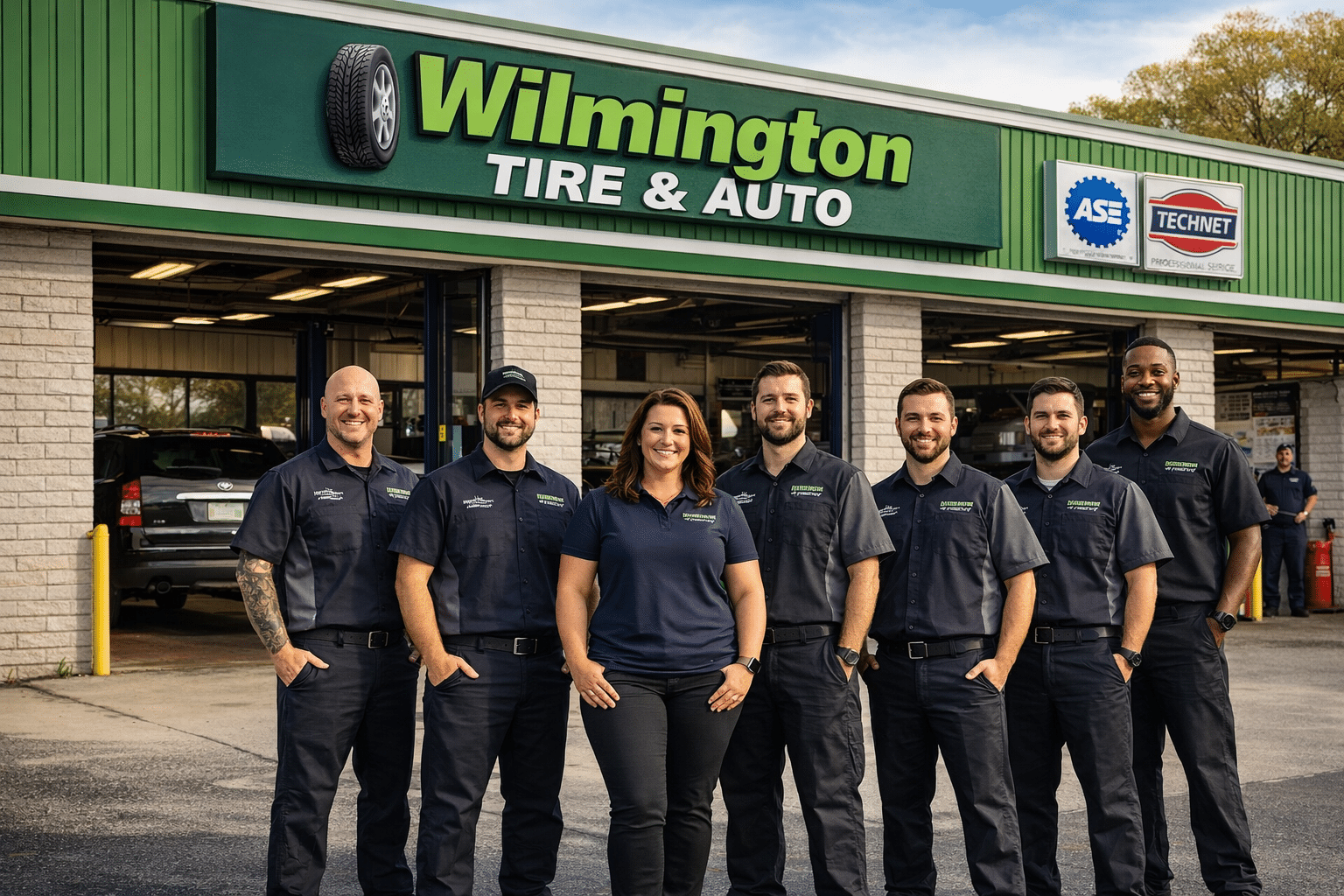 Group standing outside a building with Wilmington Tire & Auto signage