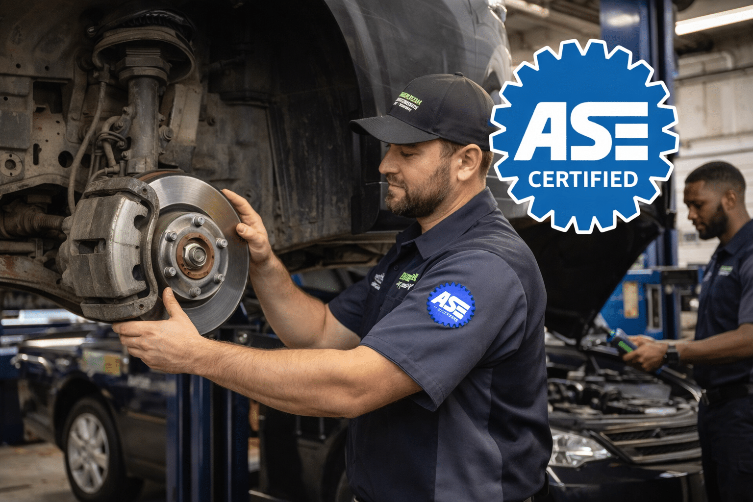 Technician servicing a brake assembly beside an ASE Certified emblem