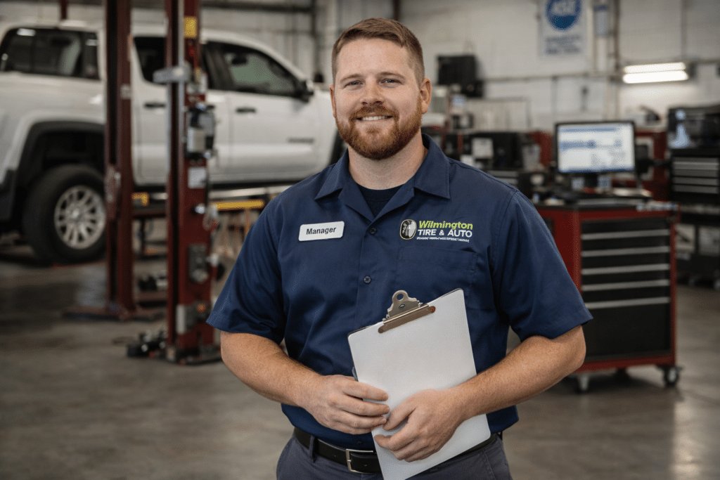 Man in a Wilmington Tire & Auto work shirt holding a clipboard