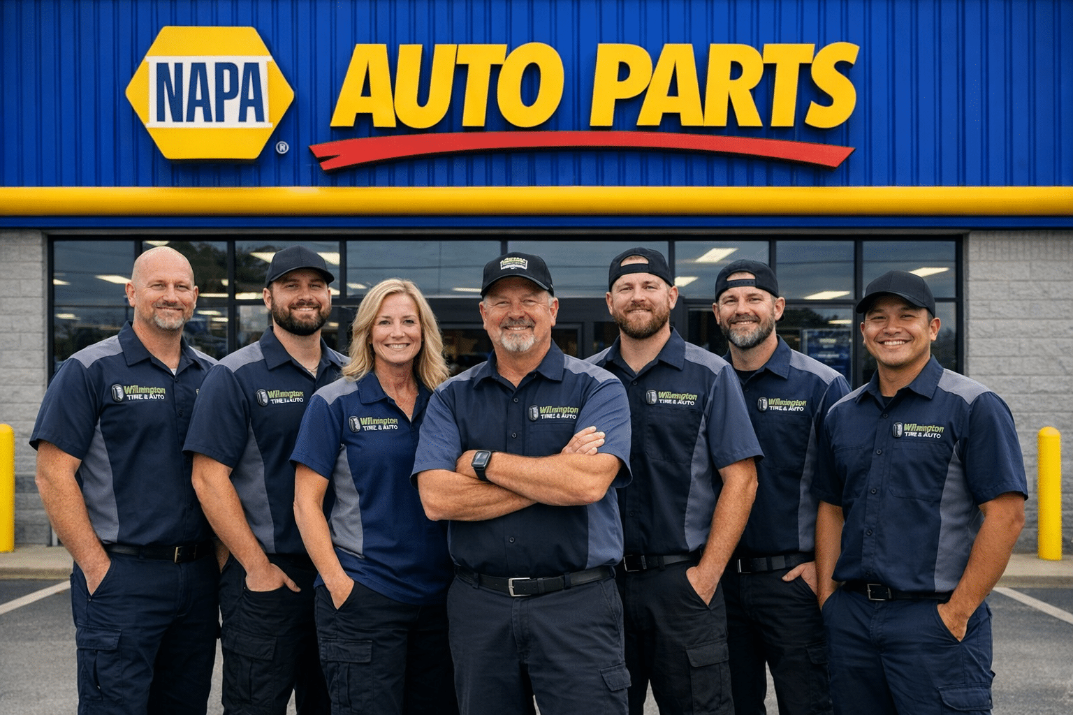 Group wearing Wilmington Tire & Auto shirts beneath a NAPA Auto Parts sign