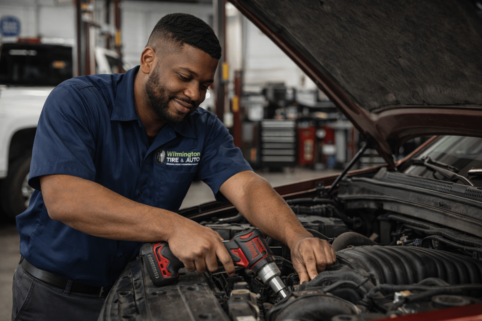 Technician working under the hood of a vehicle