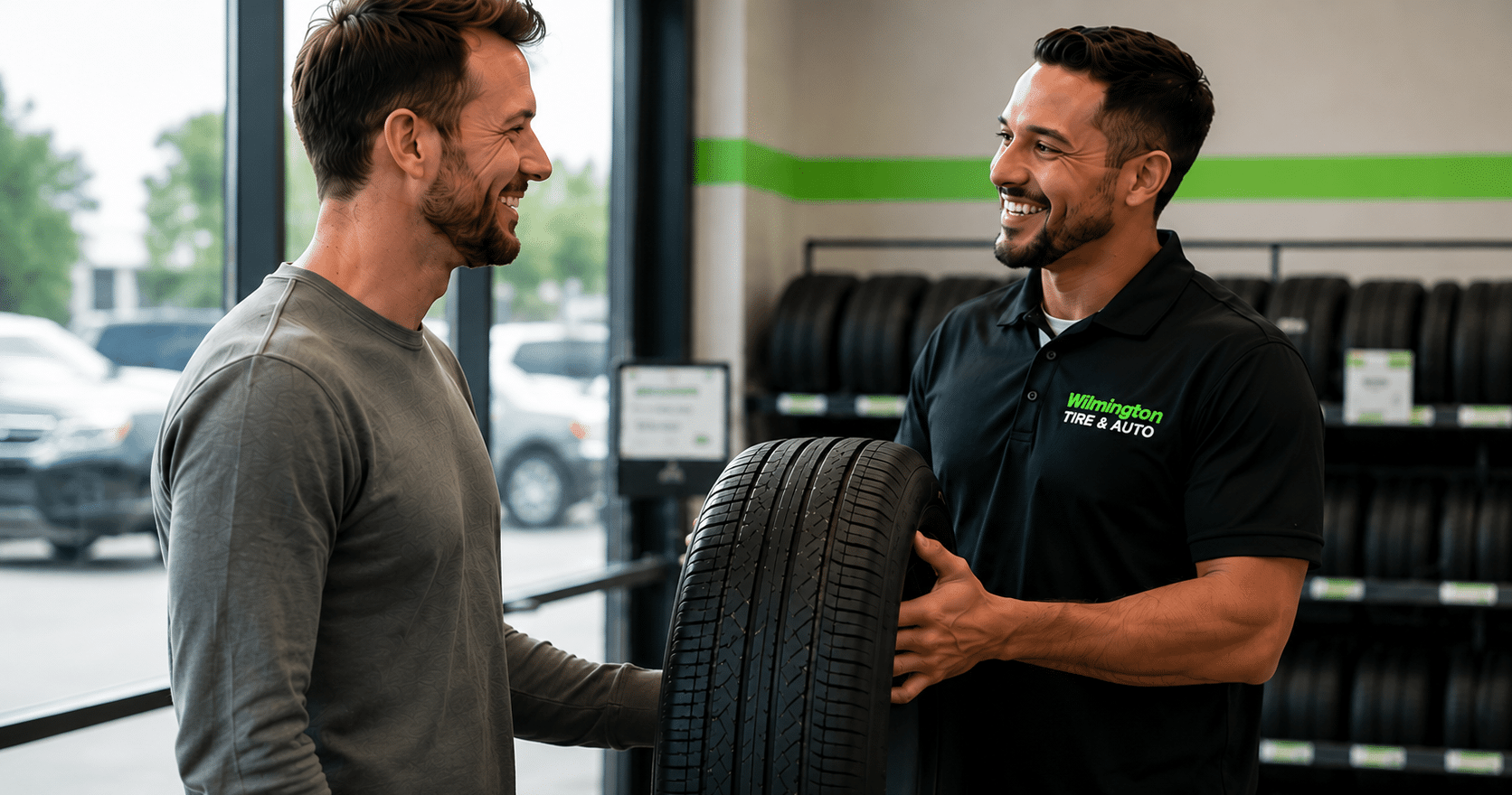 Tire specialist discussing a new tire with a customer