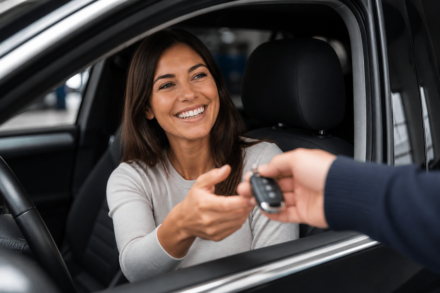 Driver receiving car keys through an open window