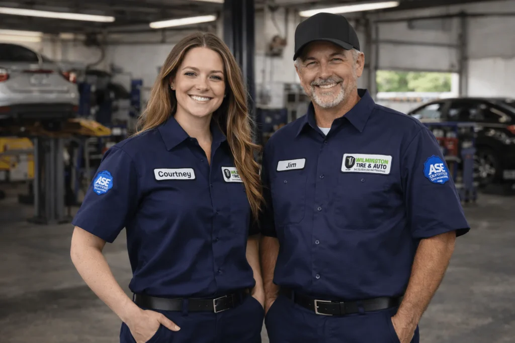 Two people wearing Wilmington Tire & Auto work shirts in a service bay